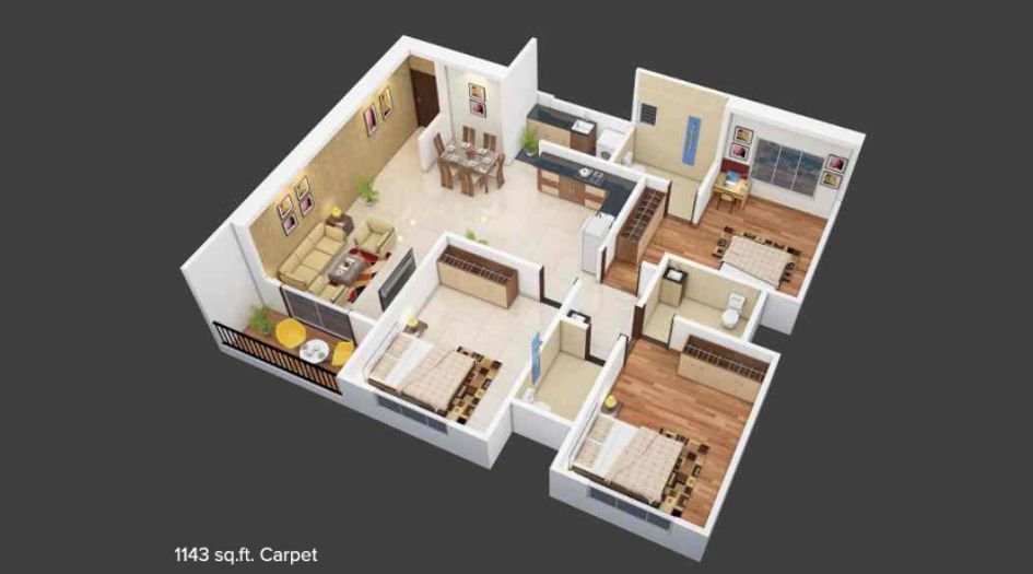 Elite-Platinum-Floor-Plan-3 BHK- 1143 Sqft